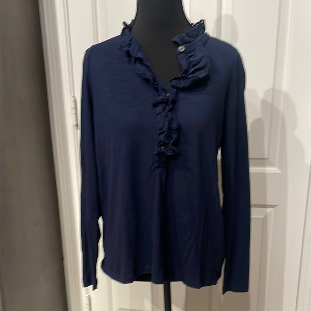 LOFT Blue Ruffled Long Sleeve Blouse (C)